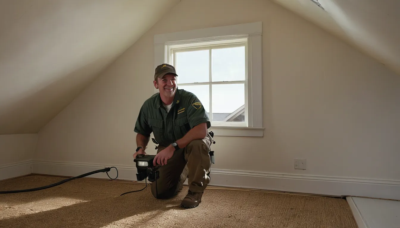 Friendly pest and wildlife provider inspecting an attic for entry points in a Glassboro home
